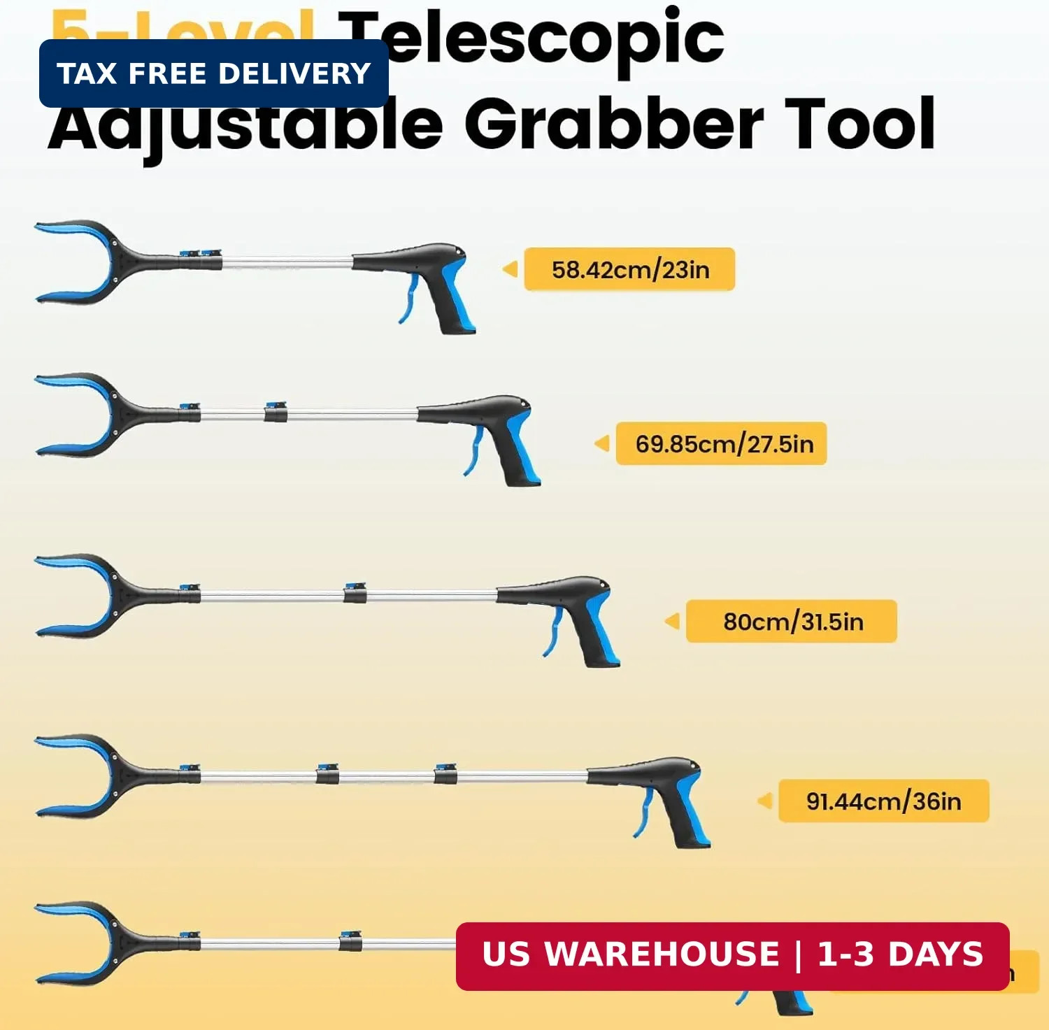 Telescopic Grabber Reacher Tool, 5-Level Adjustable Length (23” to 41”) – Tras