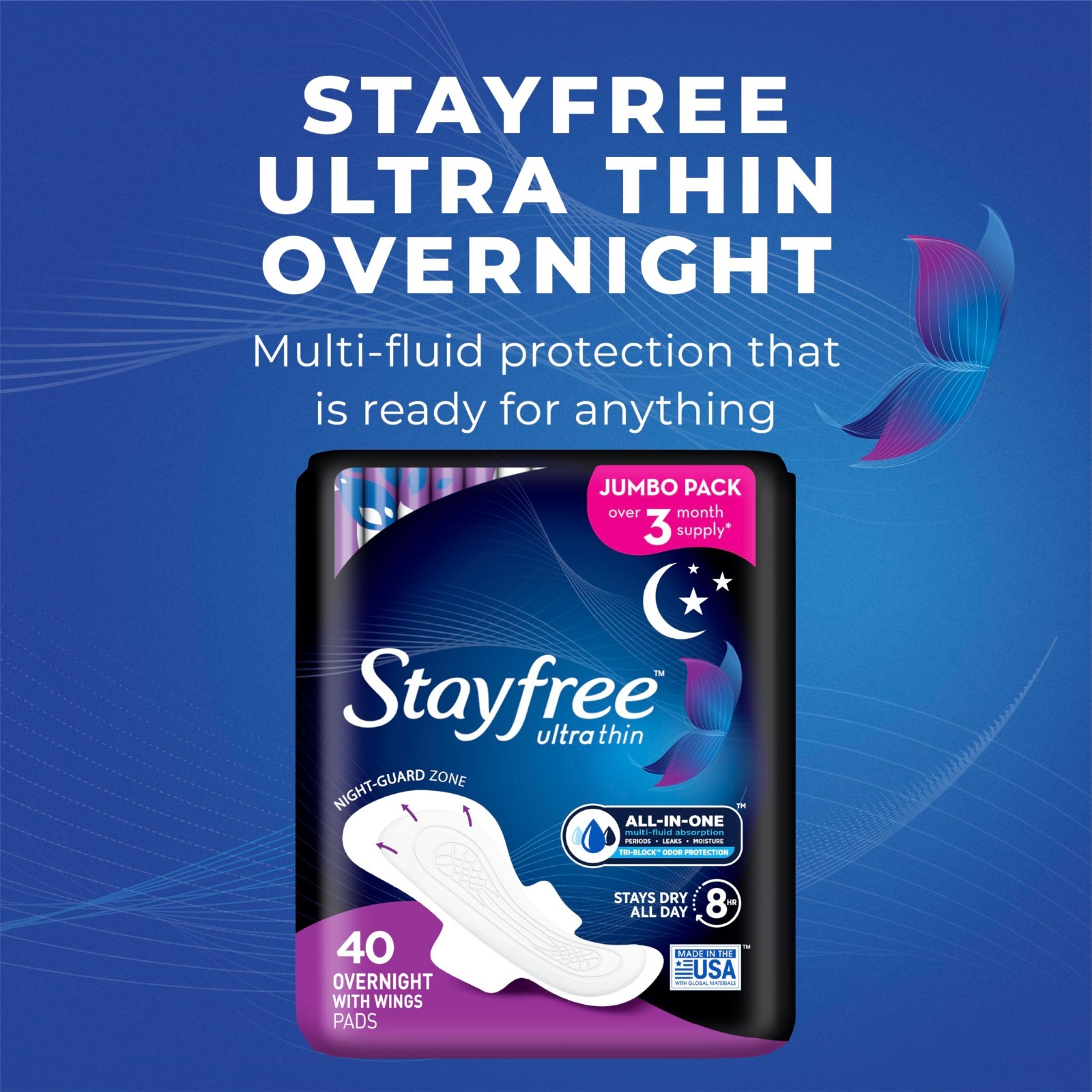 Ultra Thin Overnight Pads with Wings – 3 Pack, 40 Count, Reliable Leak Protectio