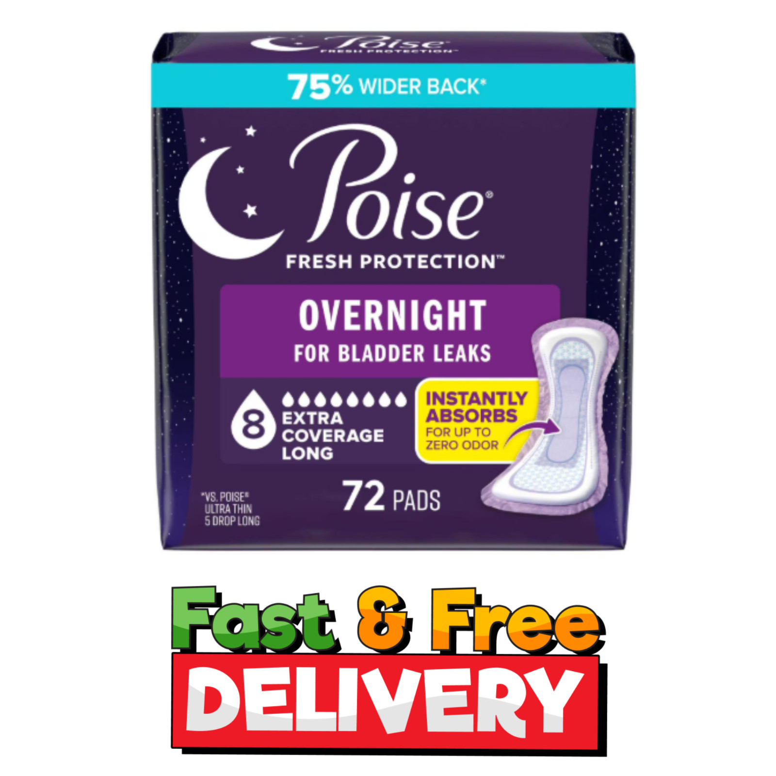 Poise Overnight Absorbent Pads 72 Count Extra Coverage