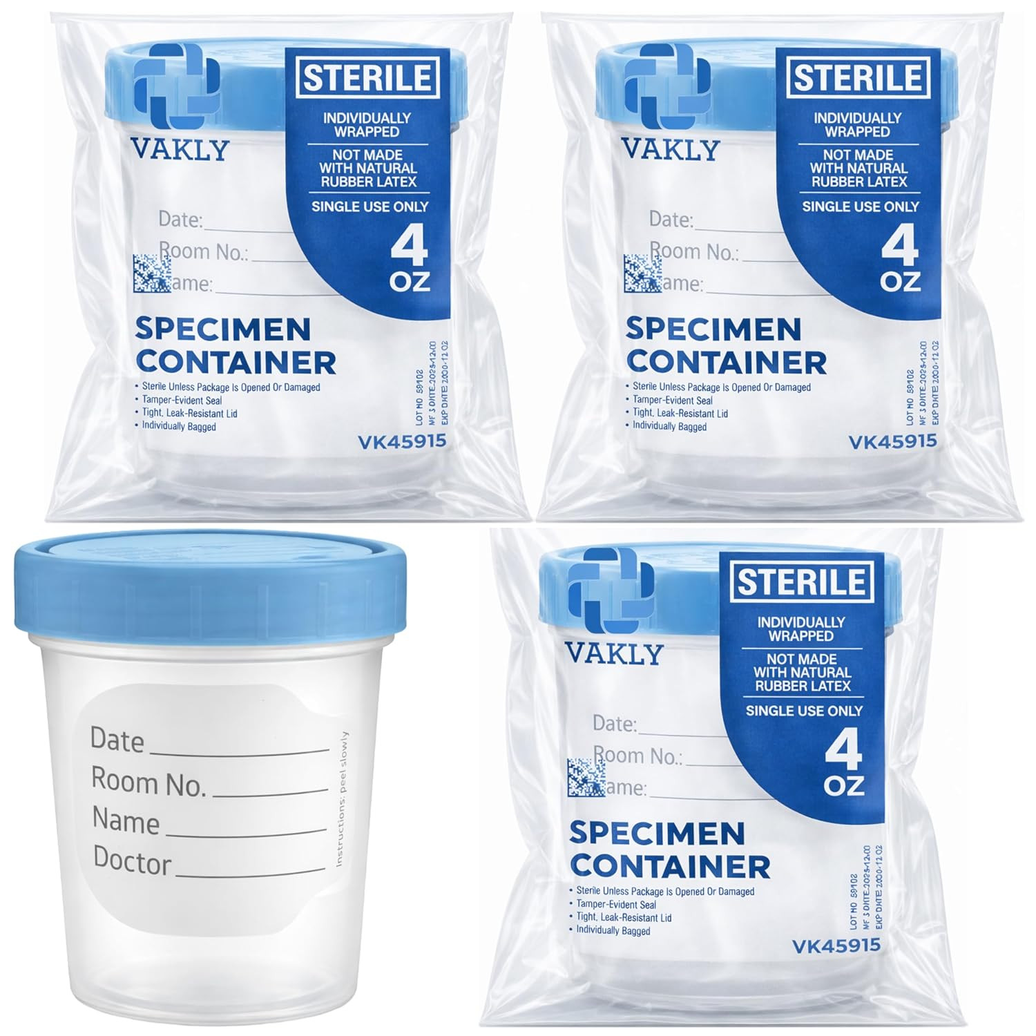 Sterile Specimen Cups 4 Oz, Urine Collection Cups 3 Count | Individually Bagged