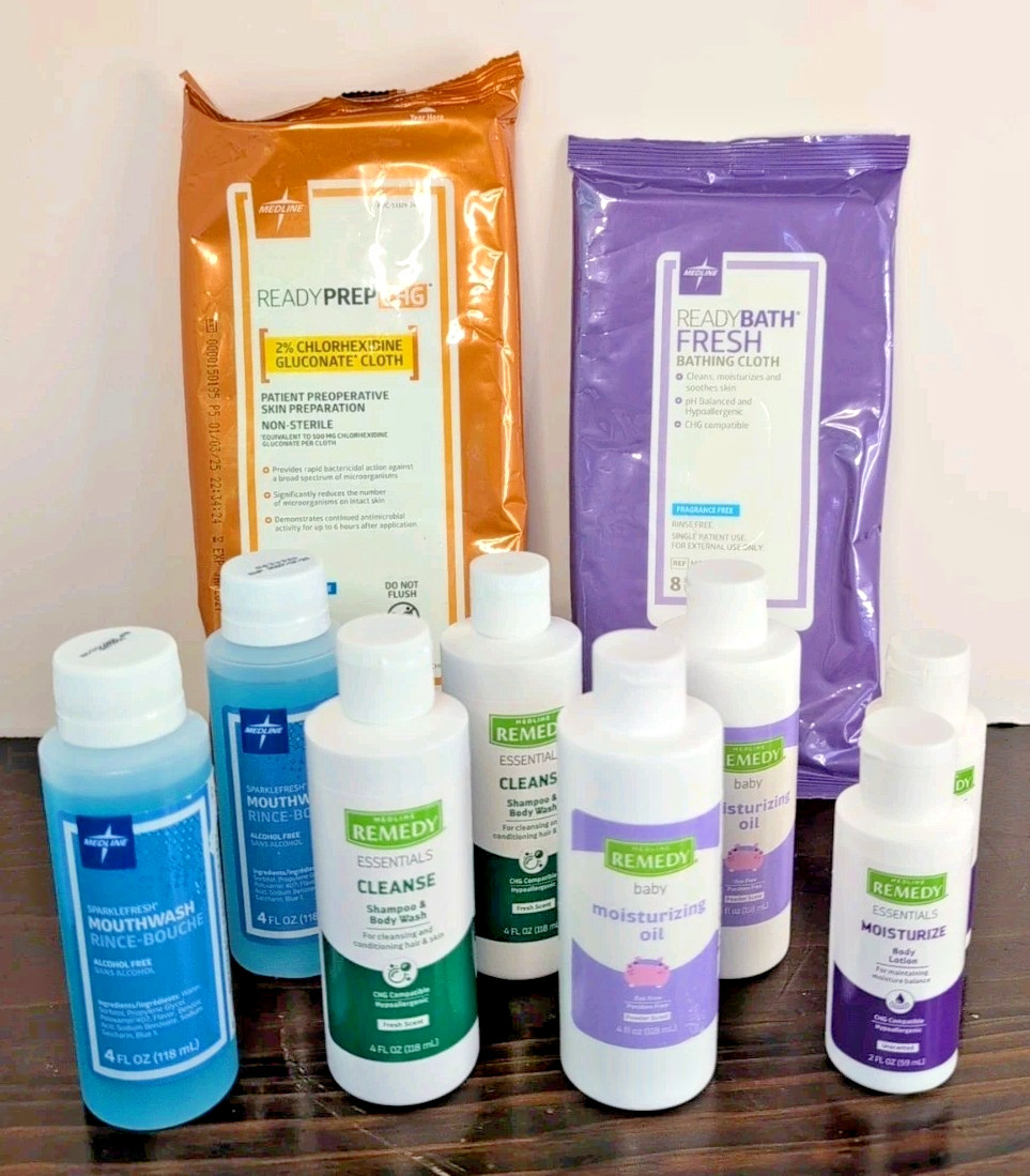 Medline Travel Bundle No Rinse Shampoo Body Wash, Lotion/Oil, Mouthwash, Wipes