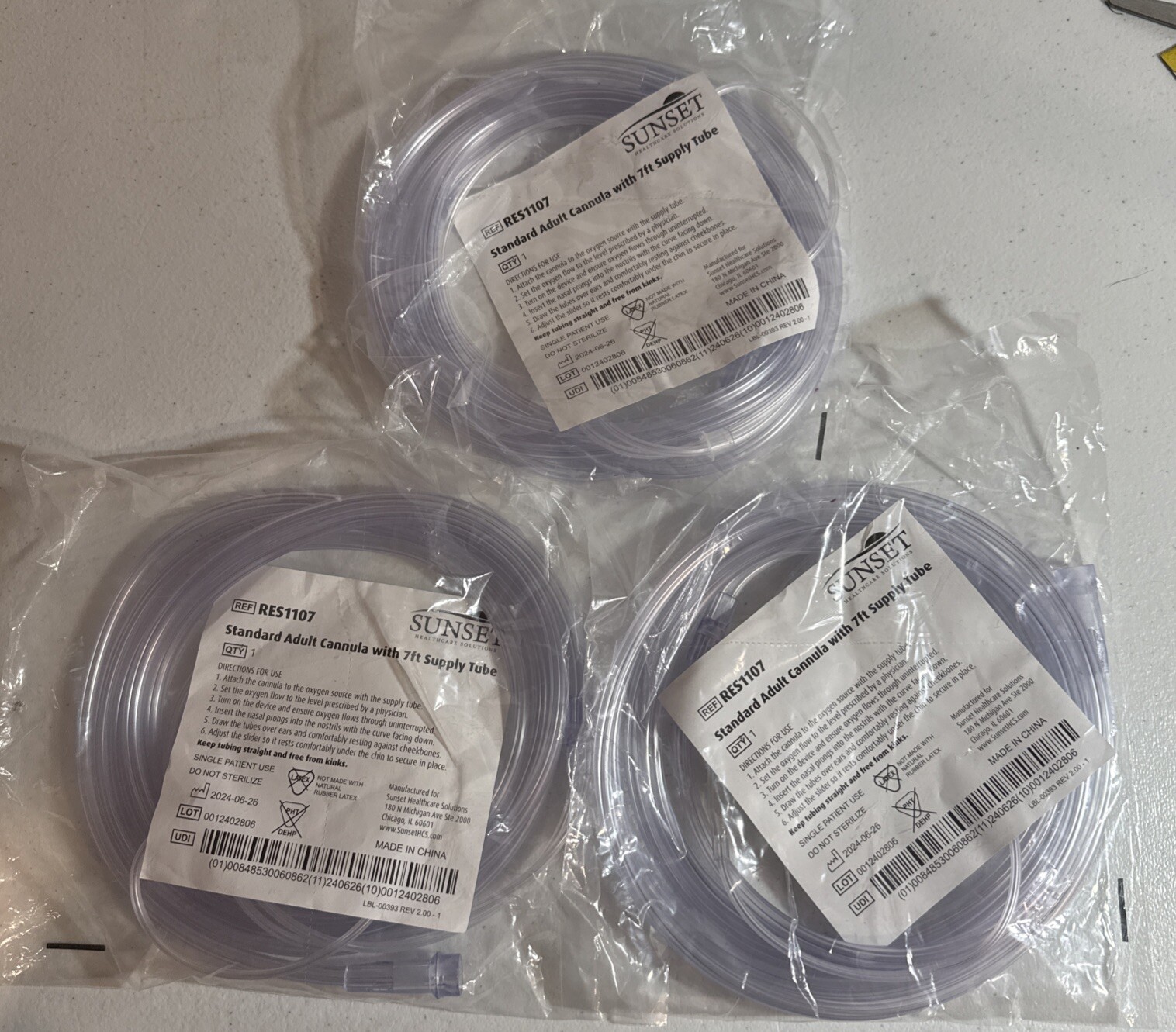 Standard Adult Cannula with 7ft. Supply Tube Sunset RES1107 (Lot Of 3) Sealed