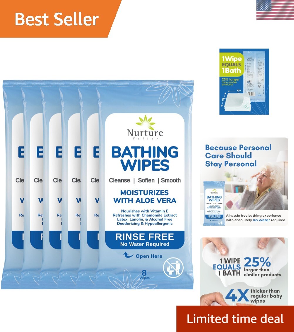 Extra Soft Rinse-Free Bath Wipes for Sensitive Skin – Hospital Grade, 48 Count