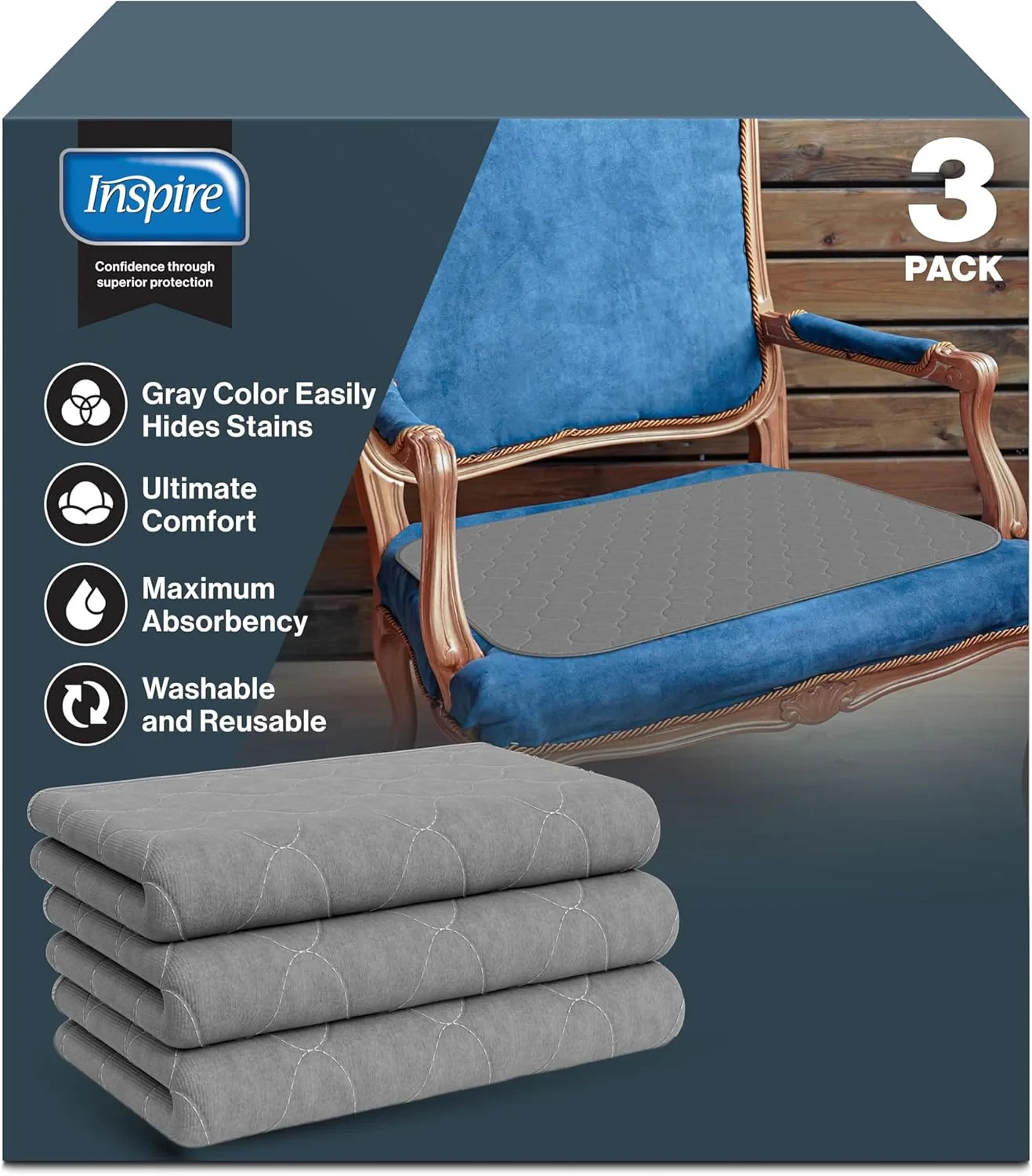 Inspire Stain Hiding Gray Washable Reusable Incontinence Bed Pads 34×36 (4-Pack)