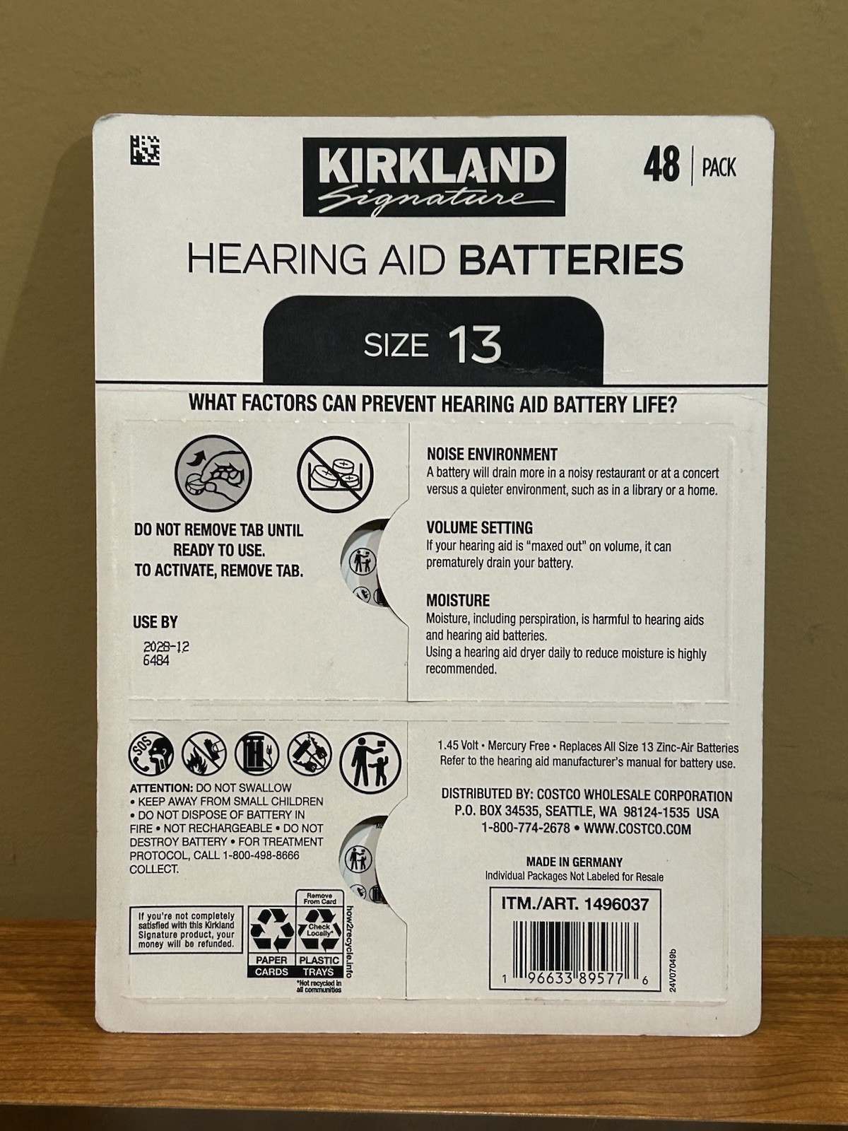 Kirkland Hearing Aid Batteries Size Format 13 1.45 Volt 48-pack. New