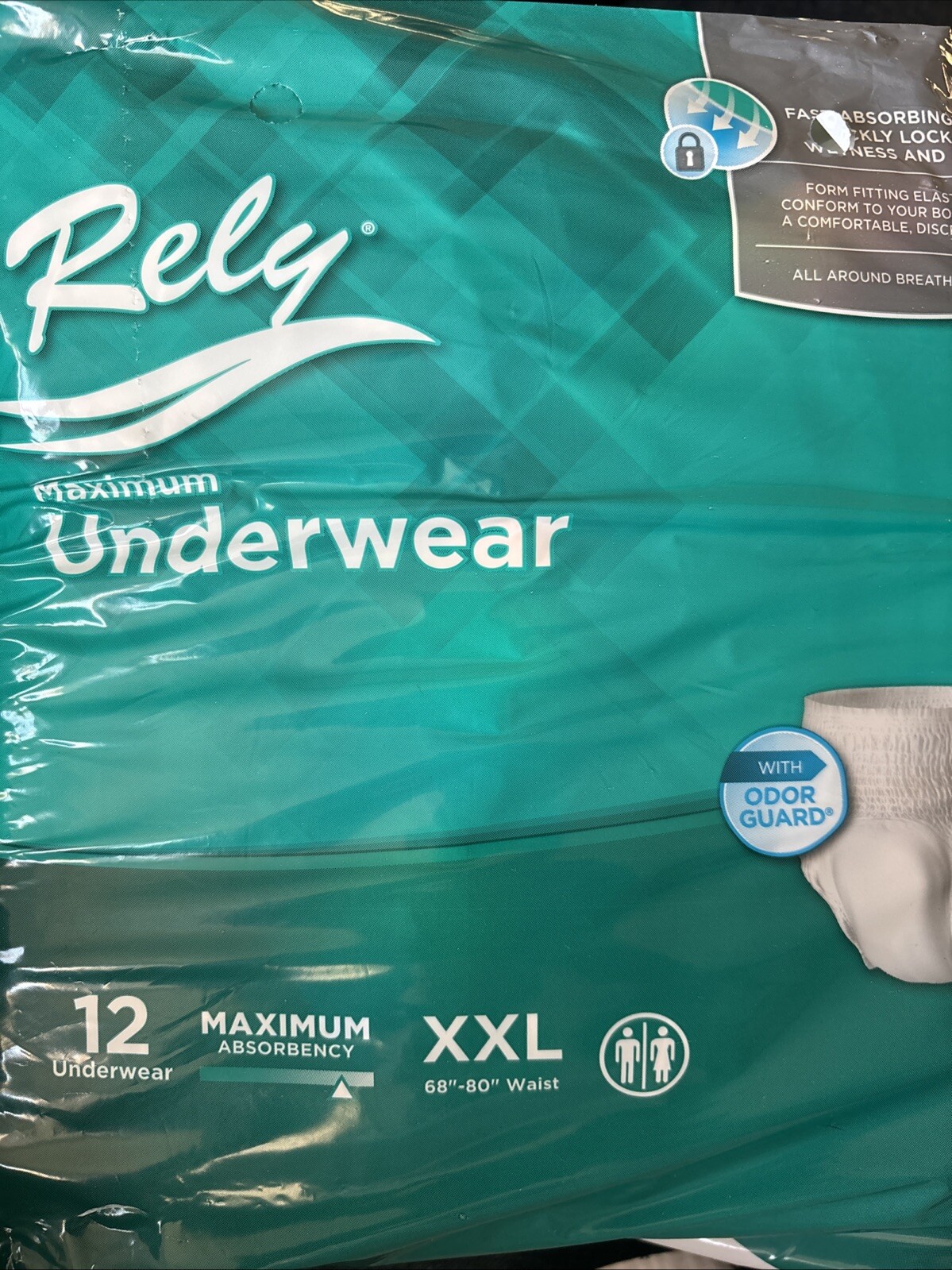 RELY Unisex Maximum Underwear XXL 68”-80” waist 12 Count Adult Diapers
