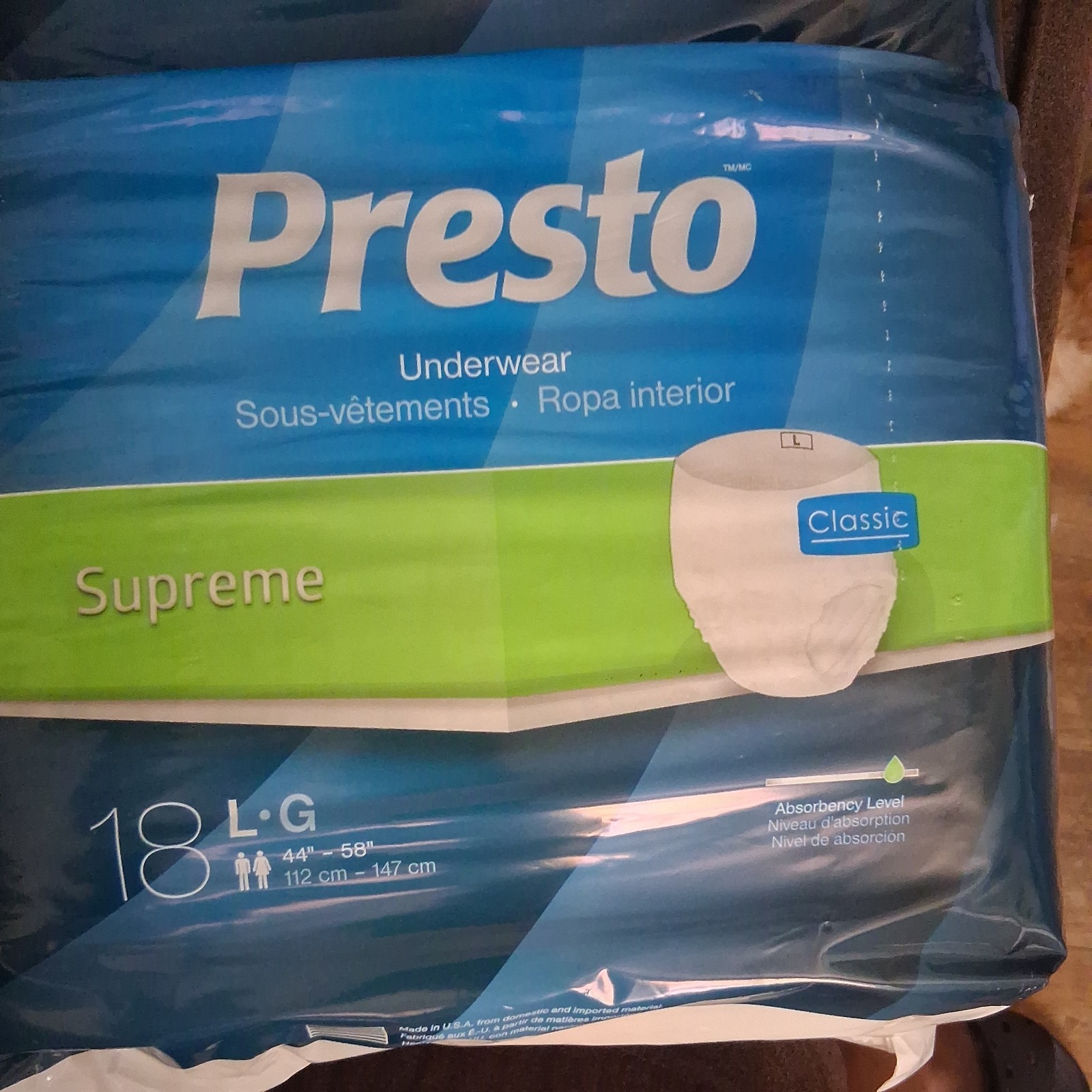 PRESTO Adult Diapers SUPREME UNDERWEAR Large MAX ABSORBENCY 18 COUNT SALE New