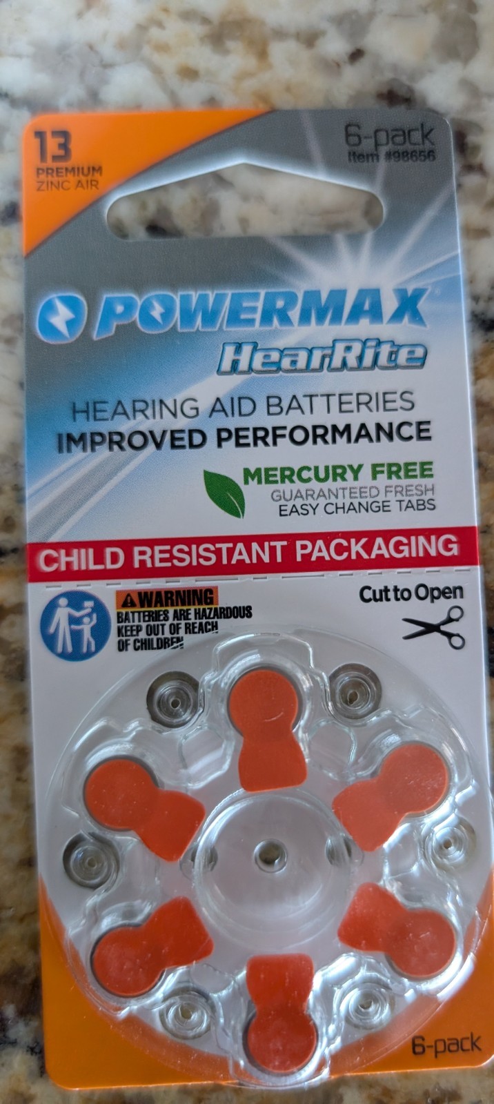 60 Powermax Size 13 Hearing Aid Batteries, Orange Tab, Zinc Air Mercury-Free