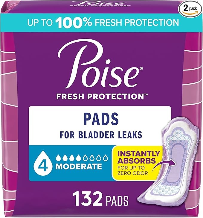 Poise Incontinence Pads for Women, 4 Drop Absorbency, Regular Length, 132 Count