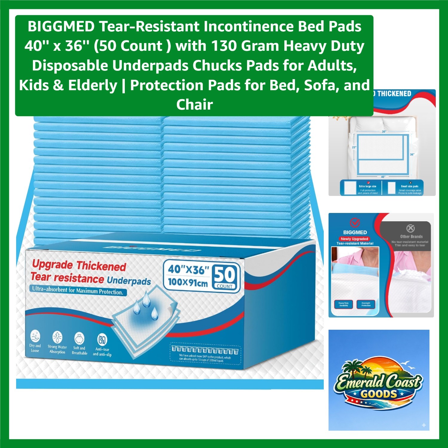 Tear-Resistant Incontinence Bed Pads 40” x 36” 50 Count with 130 Gram Heavy…