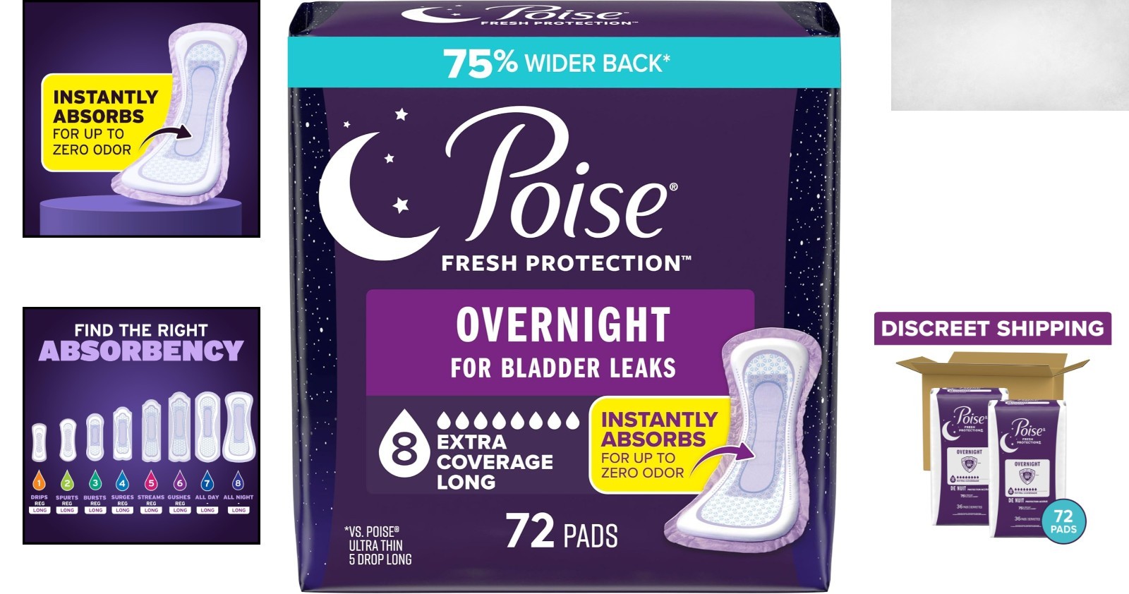 Overnight Incontinence & Postpartum Pads – 72 Count, 8 Drop Extra Coverage