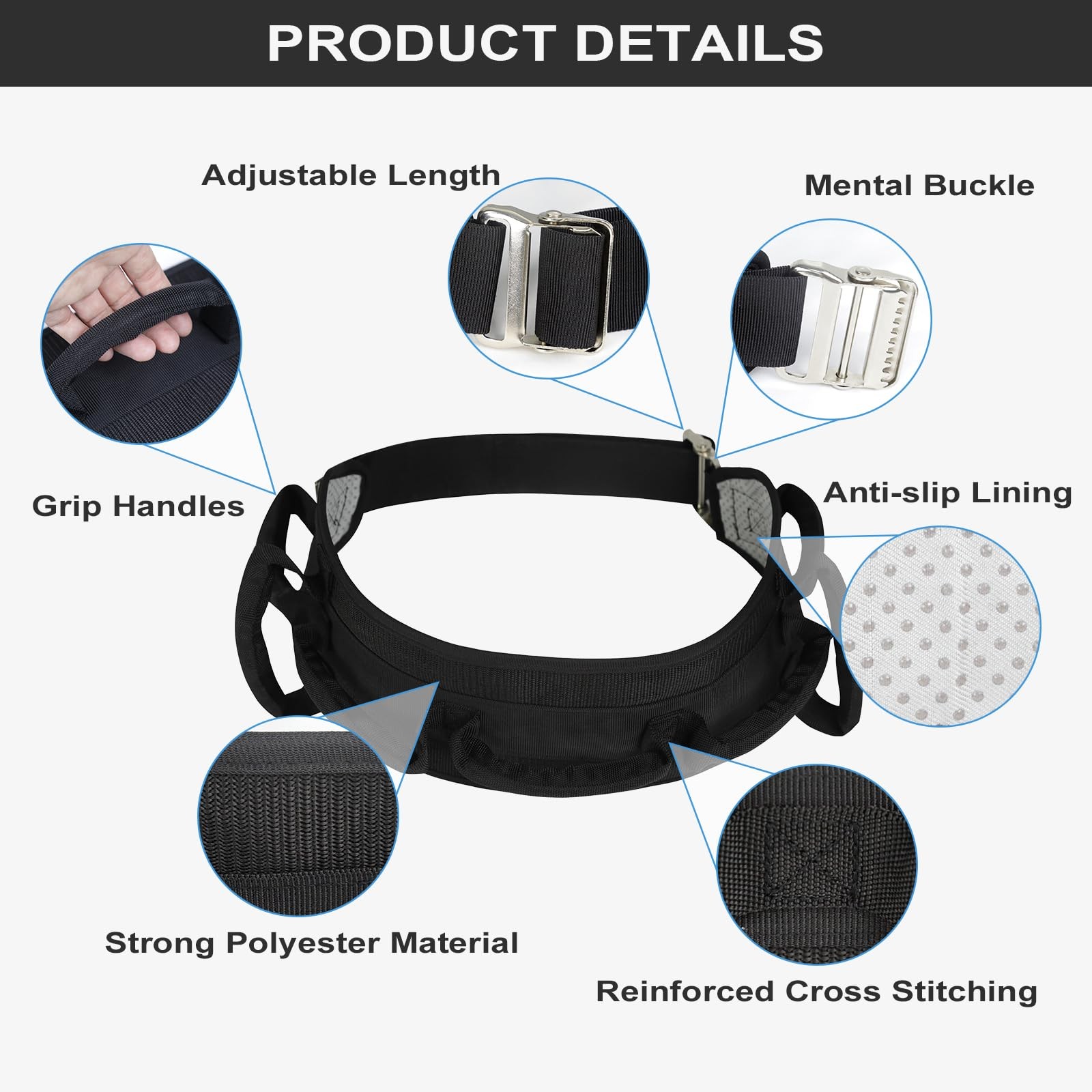 Gait Belts for Seniors, Transfer Belt with Handles, Gate Medical Black