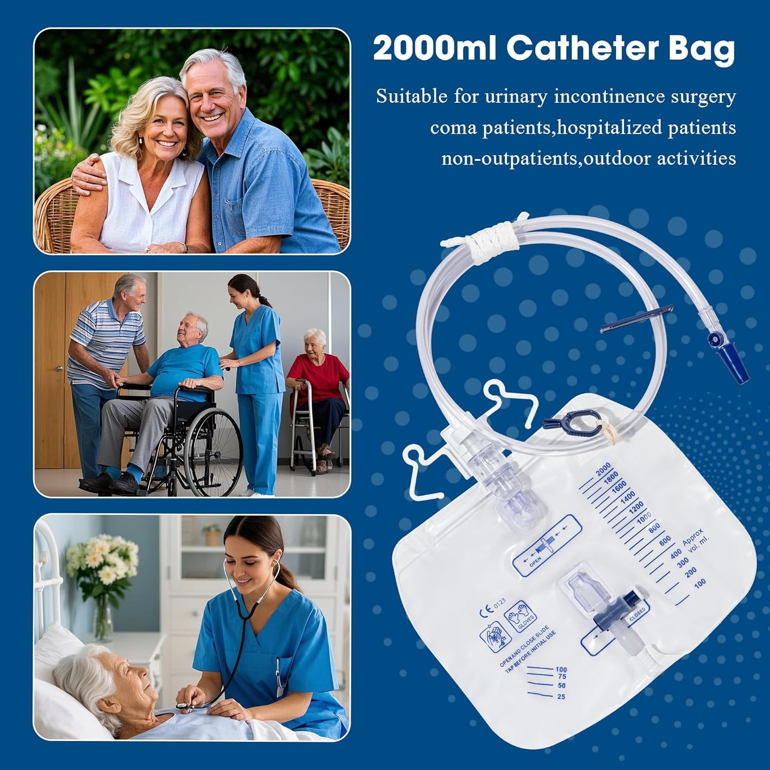 2000Ml Catheter Bags for Men and Women 3 Pack Professional Urinary Drainage Bags