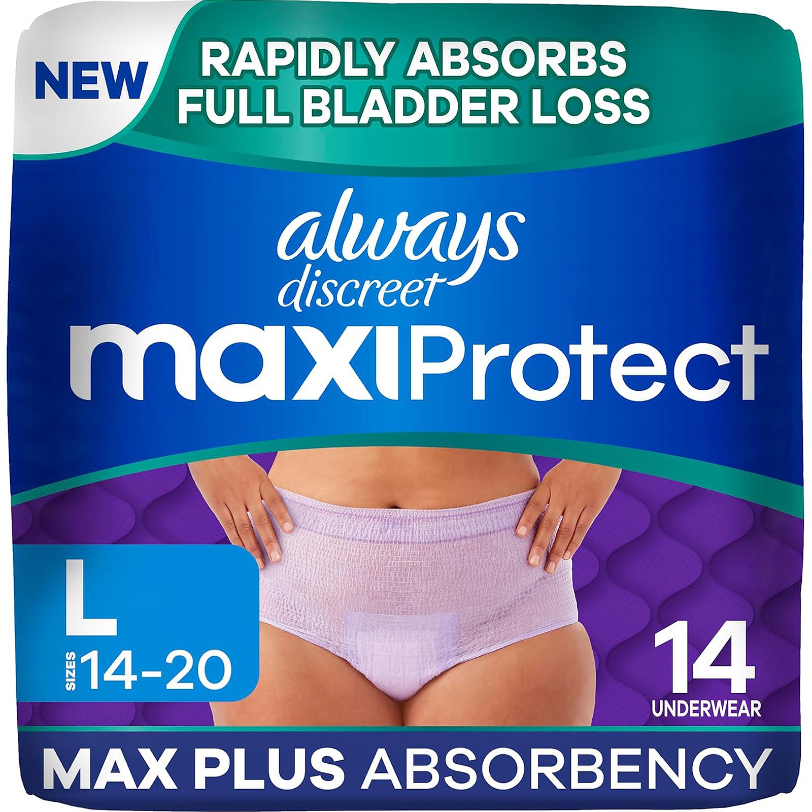 Always Discreet MaxiProtect Adult Diapers for Women, Disposable, Large, 14 Count