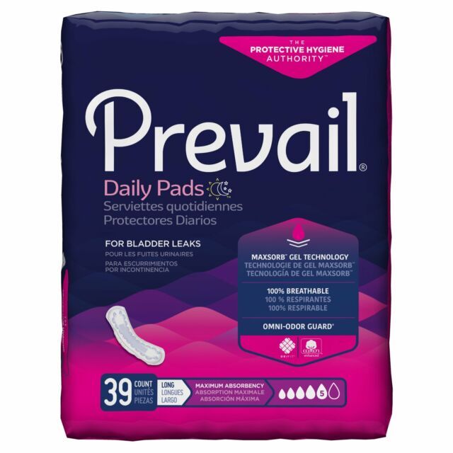 Prevail Bladder Control Pads , Maximum Absorbency , Long, Odor Gaurd – Bag of 39