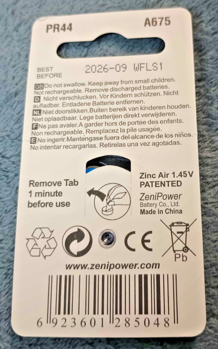 ZeniPower A675 Hearing Aid Batteries – 1.45V, Date: 09/26 NEW