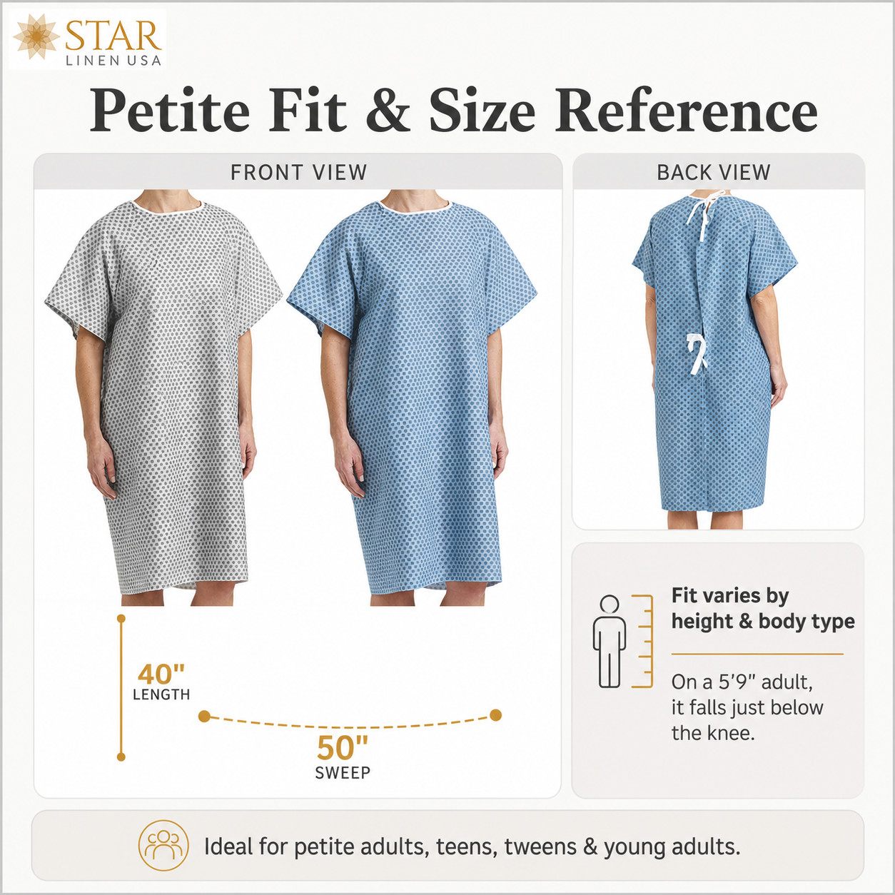 Petite Hospital Patient Medical Exam Gowns | Back Tie Closures Both Blue & White