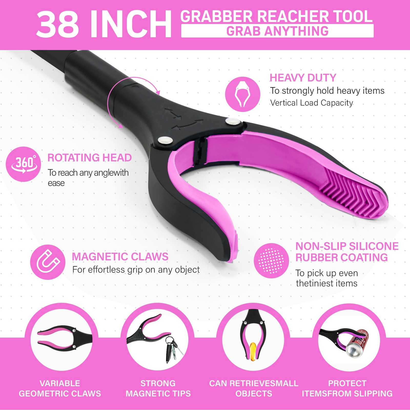 38″ Extra Long Grabber Reacher Tool – 2 Pack Foldable Orange Pink
