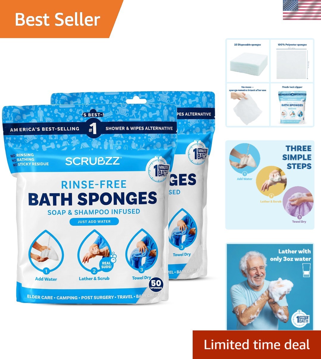 Luxury No Rinse Bathing Wipes – 50 Hypoallergenic Shower Wipes for Fresh Skin