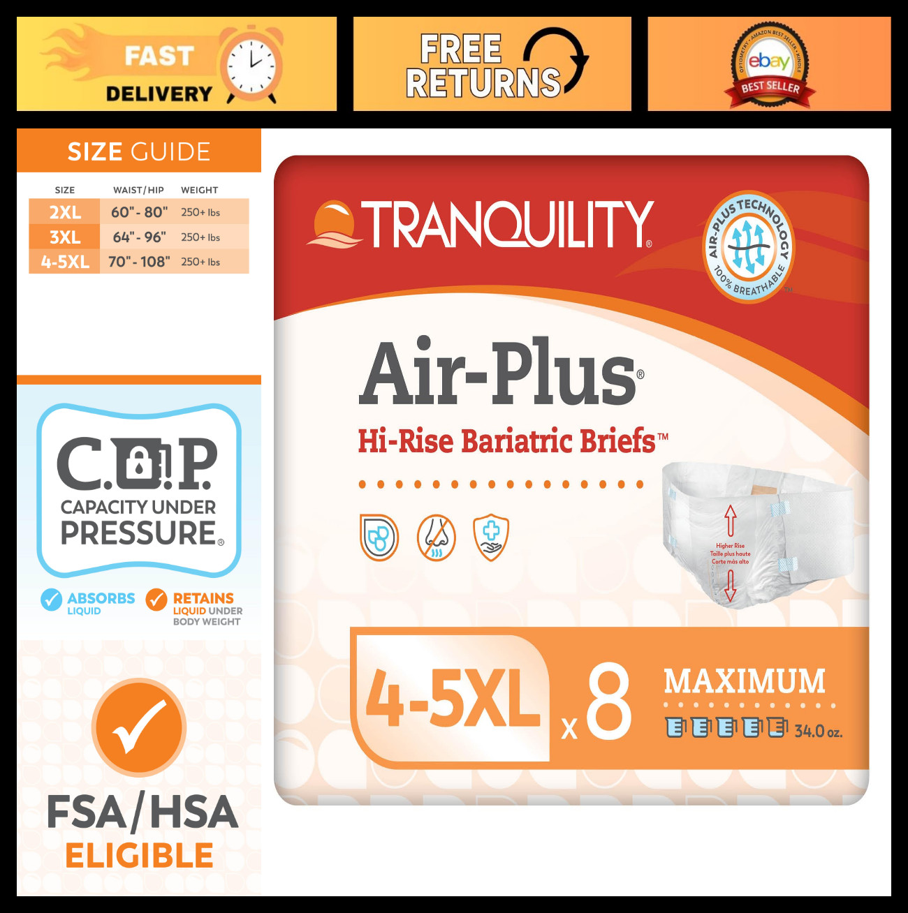 Bariatric Disposable Briefs 4X-Large, Breathable Fabric, Latex-Free, 34oz Capaci