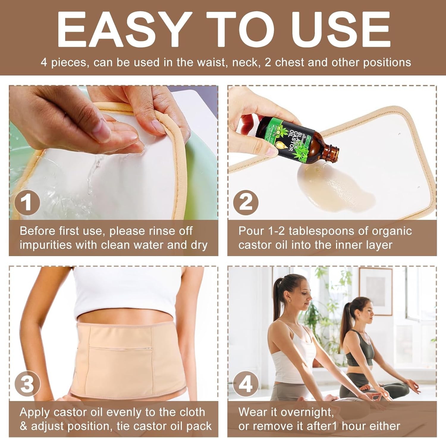 4 Pcs Castor Oil Pack Wrap Organic Cotton for Liver Detox, Stomach, Belly,…