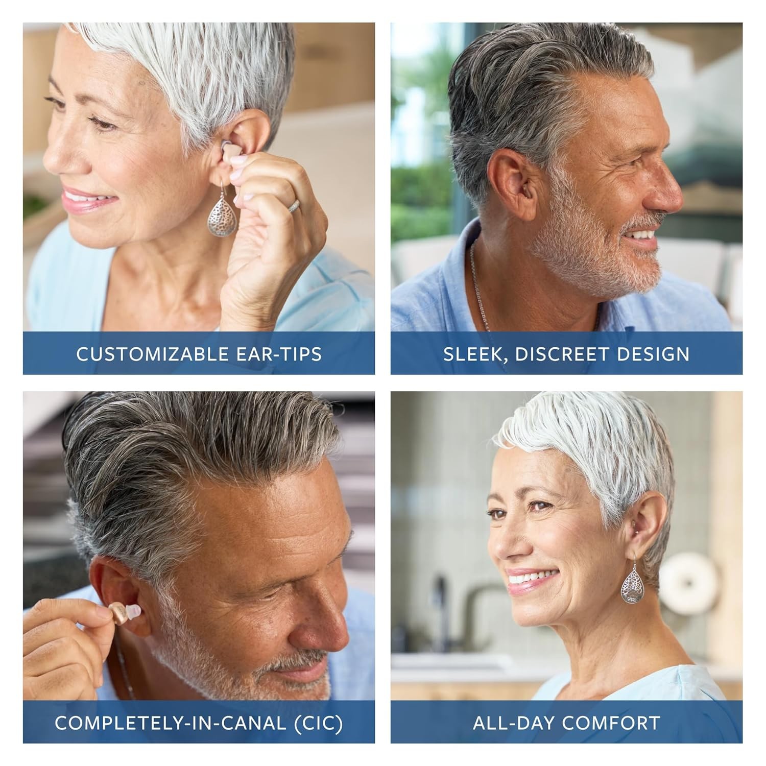 Nano CIC hearing aids for adults/seniors; rechargeable, portable case and cable.