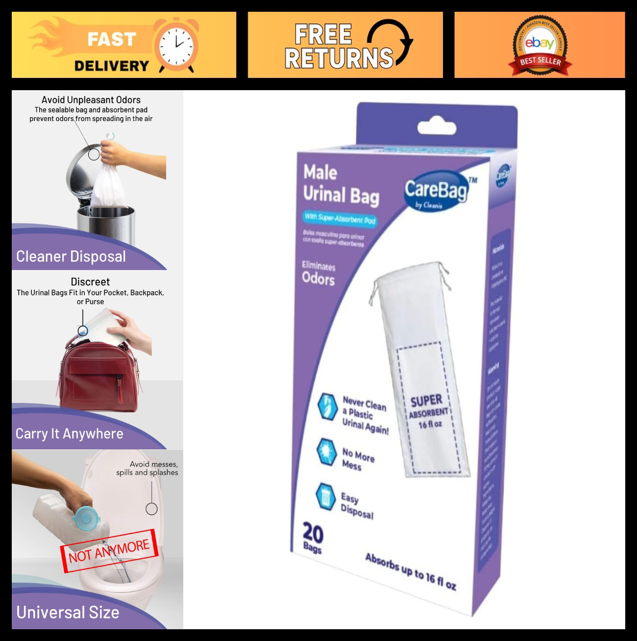 Disposable Male Urinal Bags – Medical Grade Pee Bags with Super Absorbent Pads,