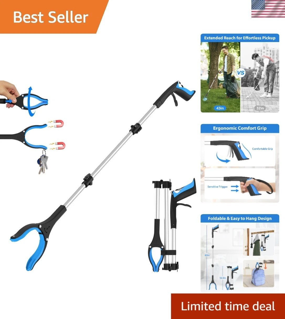 43” Lightweight Grabber Tool with 360° Rotating Claw – Easy Pickups for Seniors