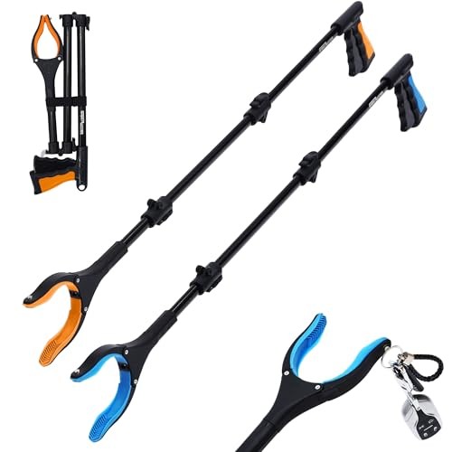 38″ Extra Long Grabber Reacher Tool – 2 Pack Extra Long Foldable Orange Blue