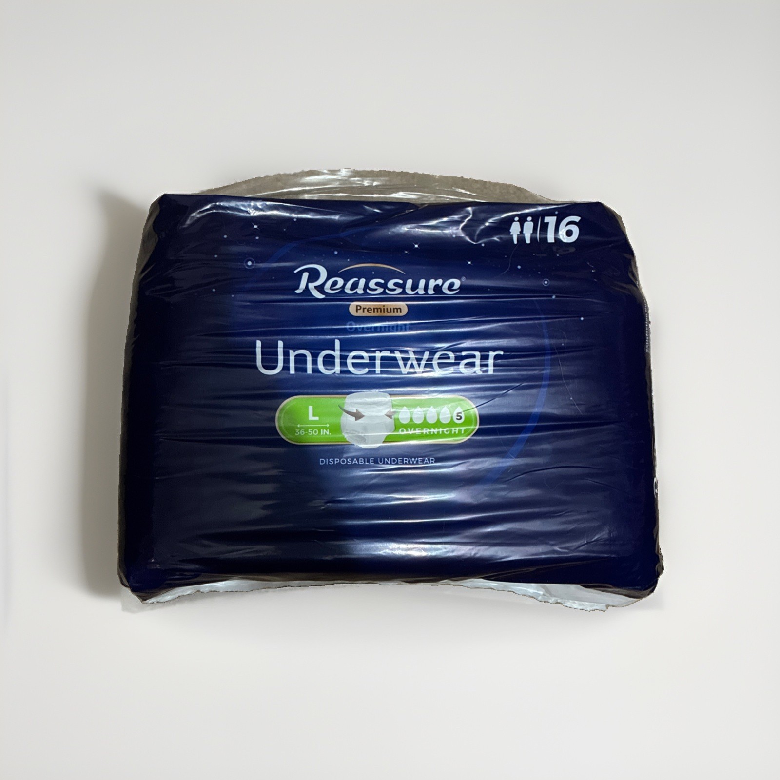 Reassure Unisex Adult Overnight Underwear Size L 36”-50” ~ 3 Packs (16 ea) =48