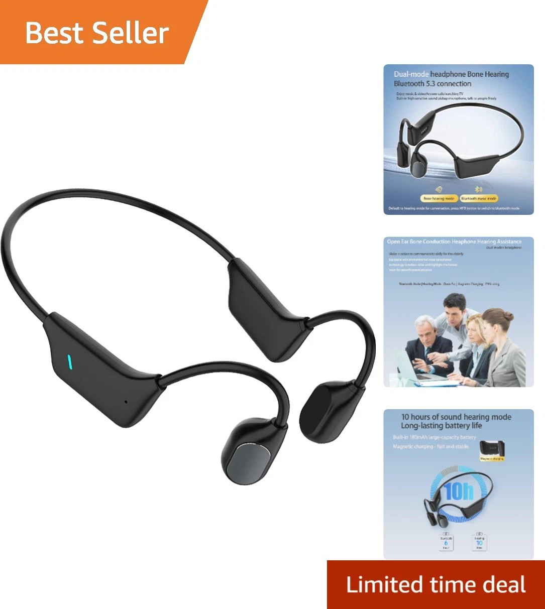 IPX5 Waterproof Bluetooth 5.3 Bone Conduction Hearing Aid Headphones for Elderly