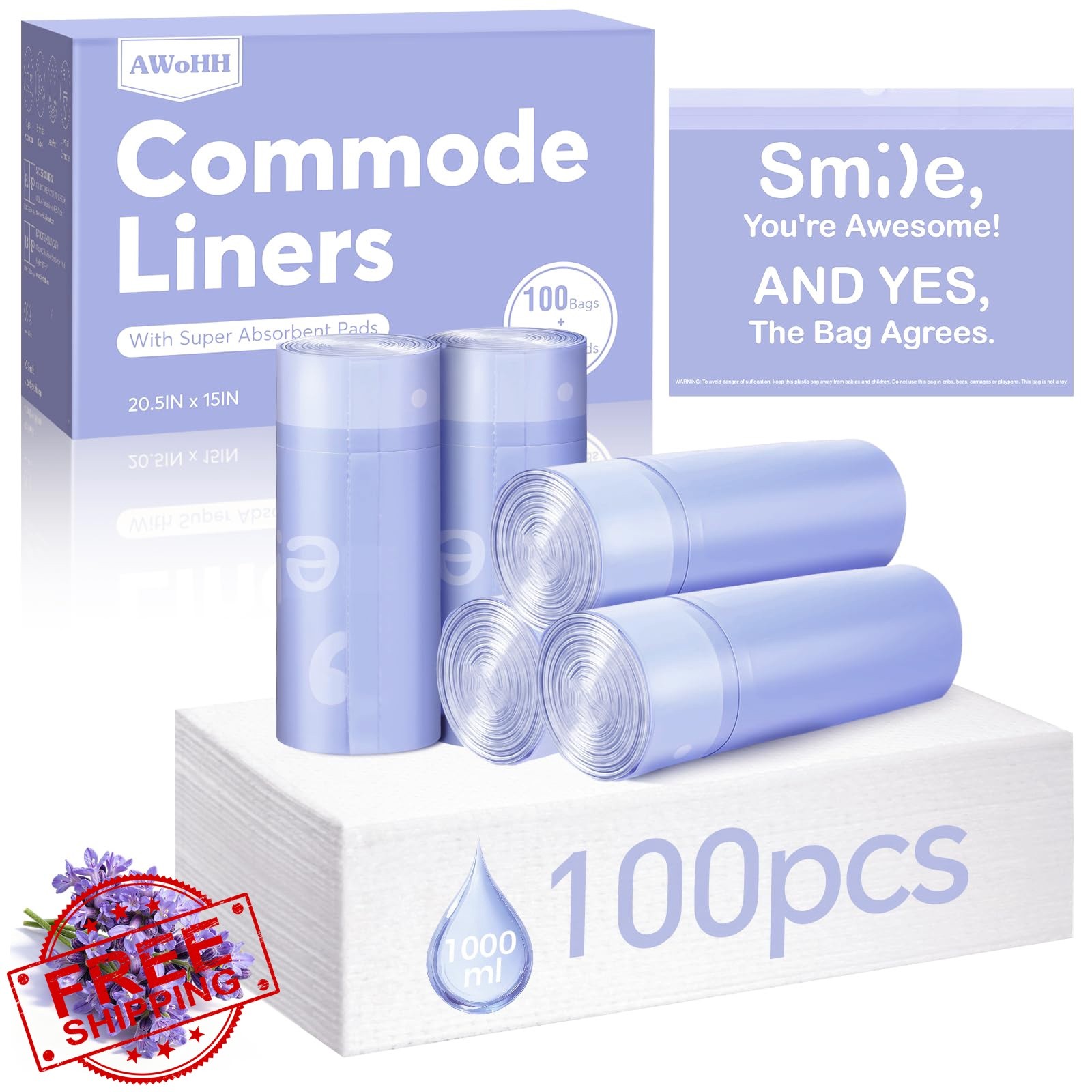 AWoHH Commode Liners 100 Bags Lavender