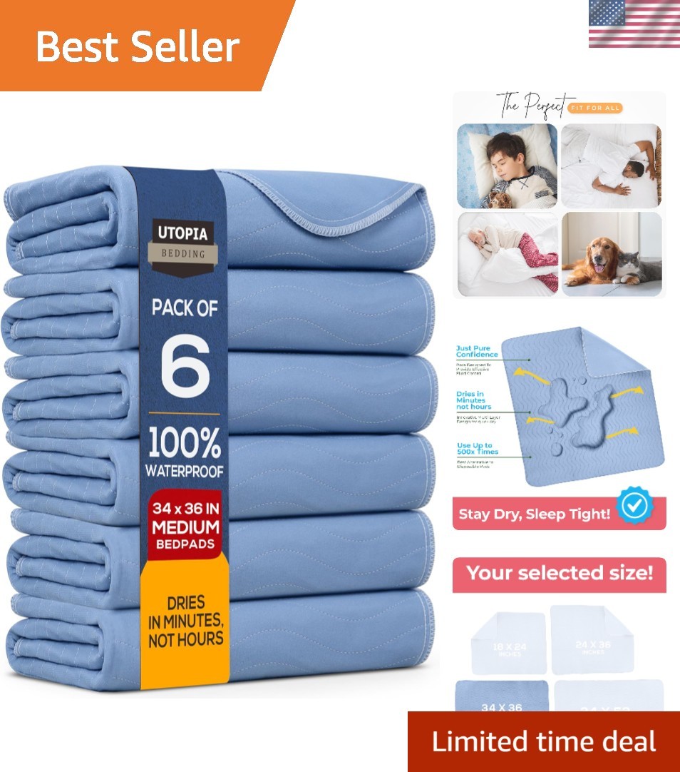 Washable Underpads 34″ x 36″ Pack of 6, Waterproof Reusable Heavy Absorbency …