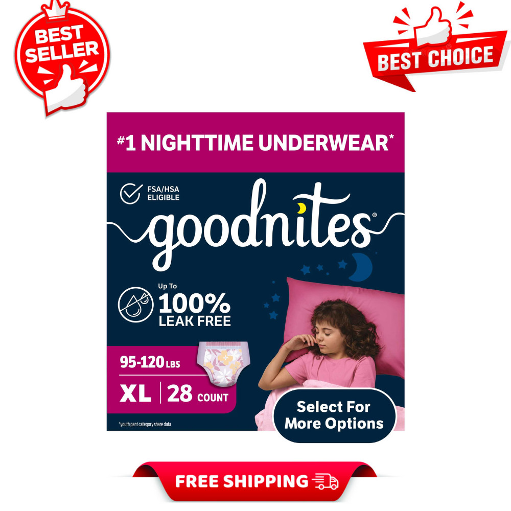 Goodnites Girls XL Nighttime Bedwetting Underwear, 95-120 lbs, Disposable, 28 Ct