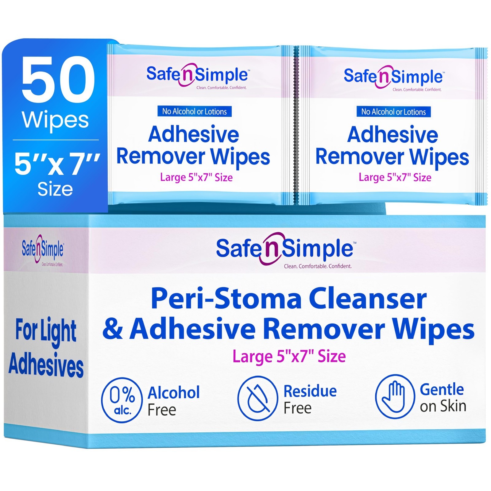 Adhesive Remover Wipes for Skin – 50 Alcohol-Free Stoma Wipes – No Sting, 5″x7