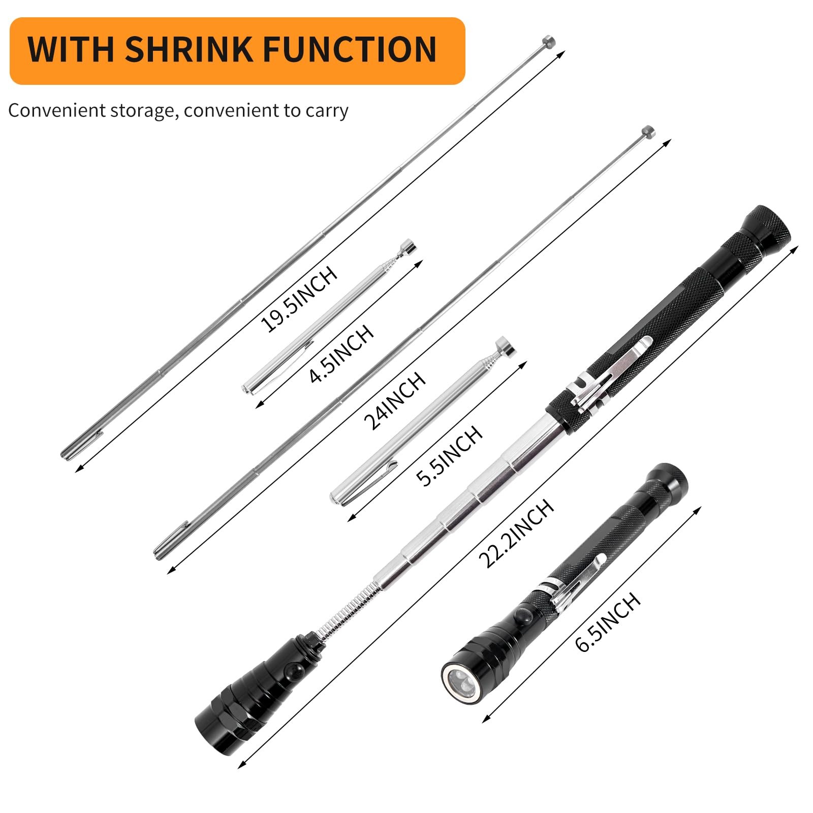 Extendable Magnetic Flashlight with Telescoping Magnet Pickup Tool set of 3-C…