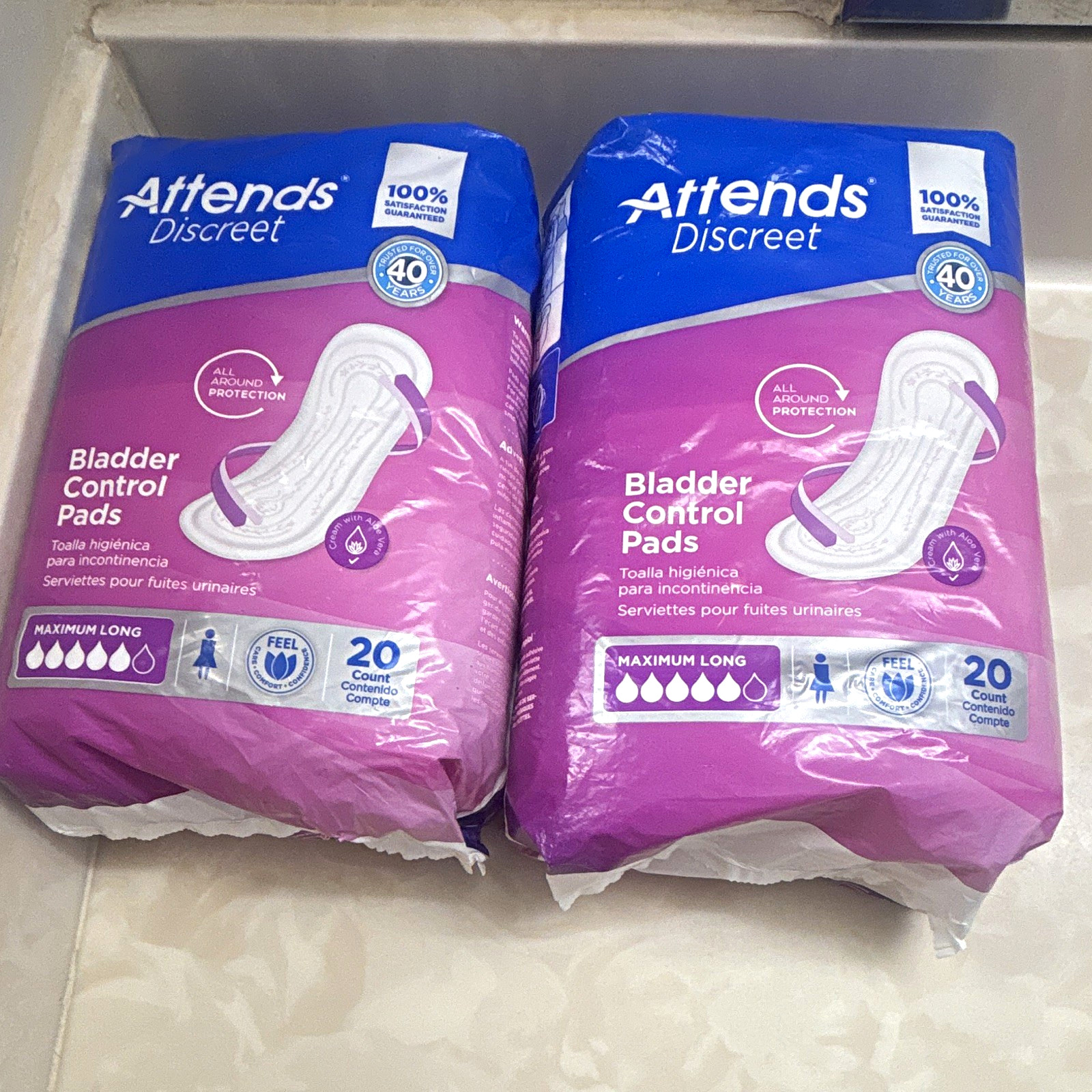 Attends Discreet Incontinence Pads Maximum Absorbency Long, 20 Ct (2 Packs)