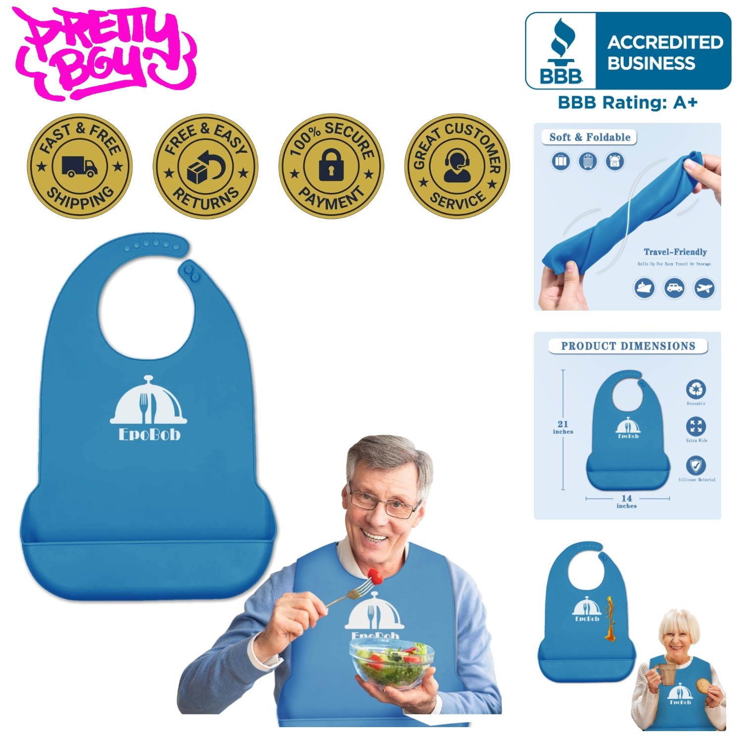 EpoBob Silicone Adult Bibs with Crumb Catcher, Washable One Size, Deepblue
