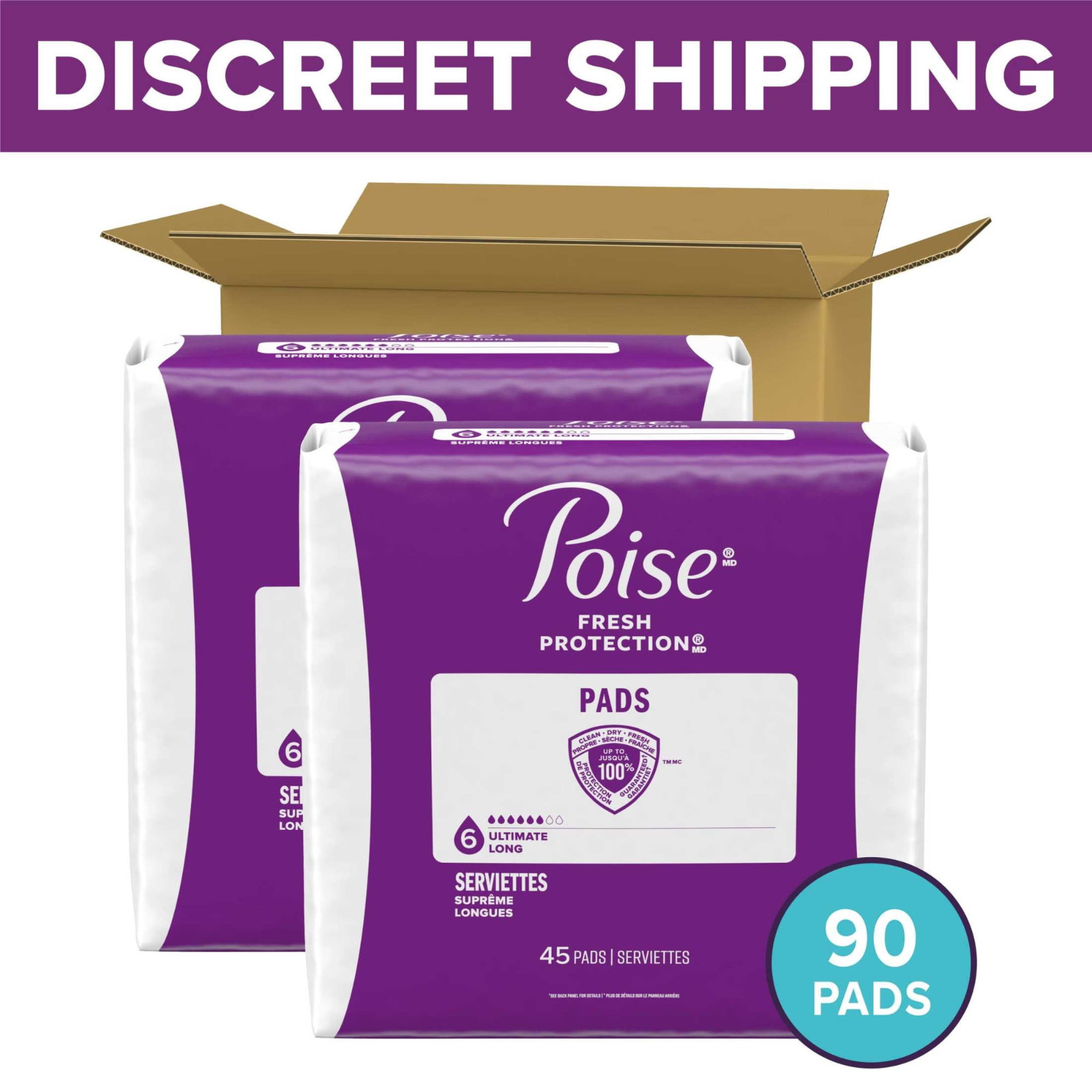 90 Ct Poise Incontinence Pads for Women, 6 Drop Ultimate Absorbency, Long Length