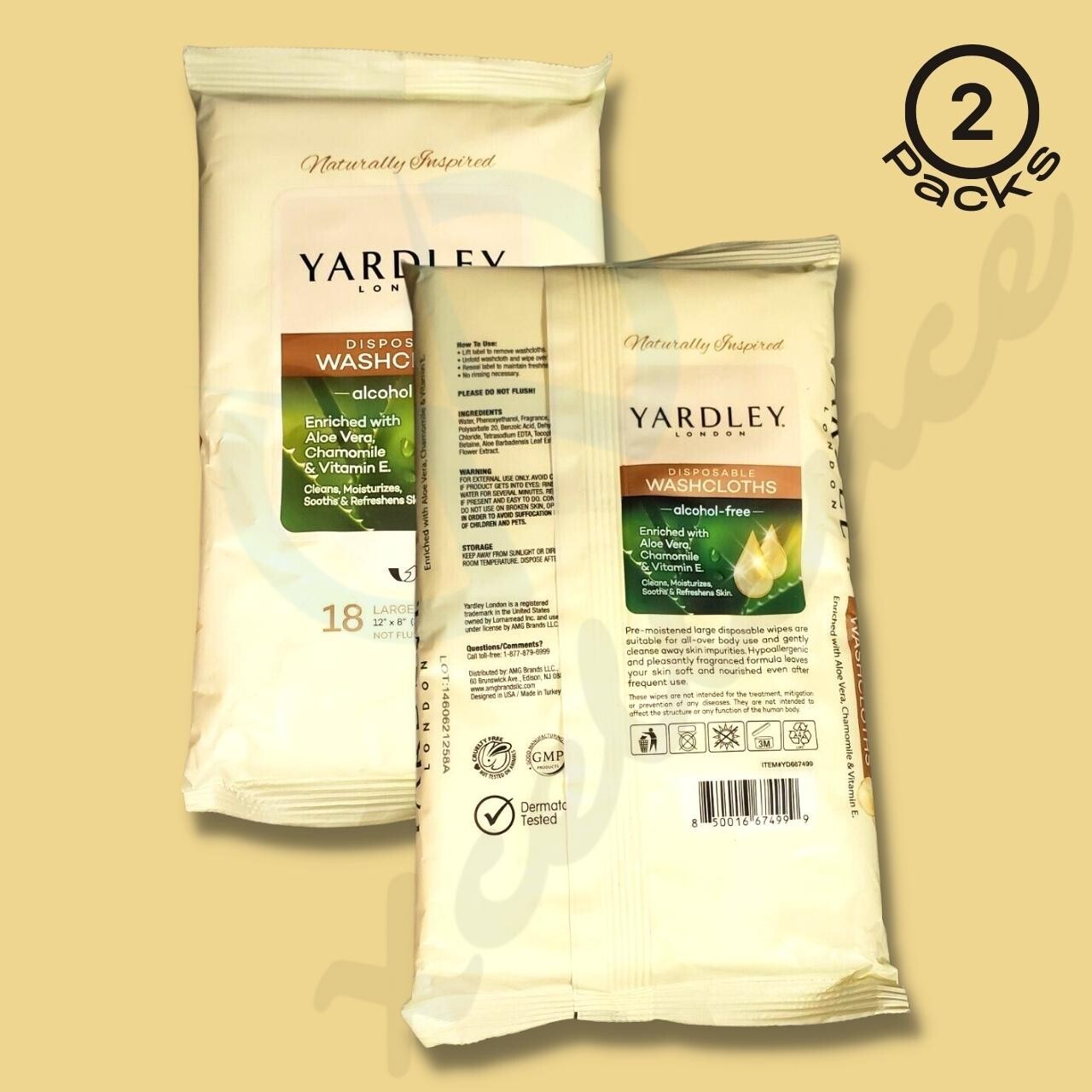 Yardley London Disposable Washcloths Alcohol Free Moisture Aloe, 18 Count 2 Pack