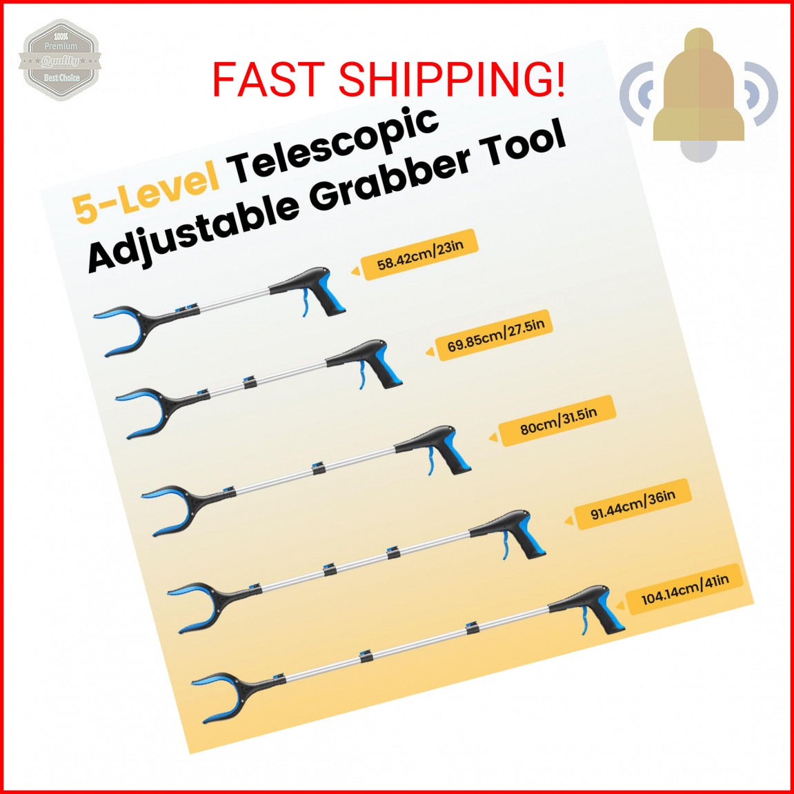 FGRHY Telescopic Grabber Reacher Tool, 5-Level Adjustable Length (23” to 41”)