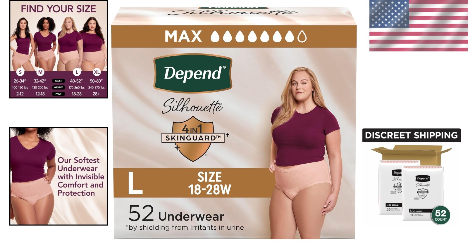 Depend Silhouette Large Adult Diapers for Women, 52 Count – Soft & Comfortable