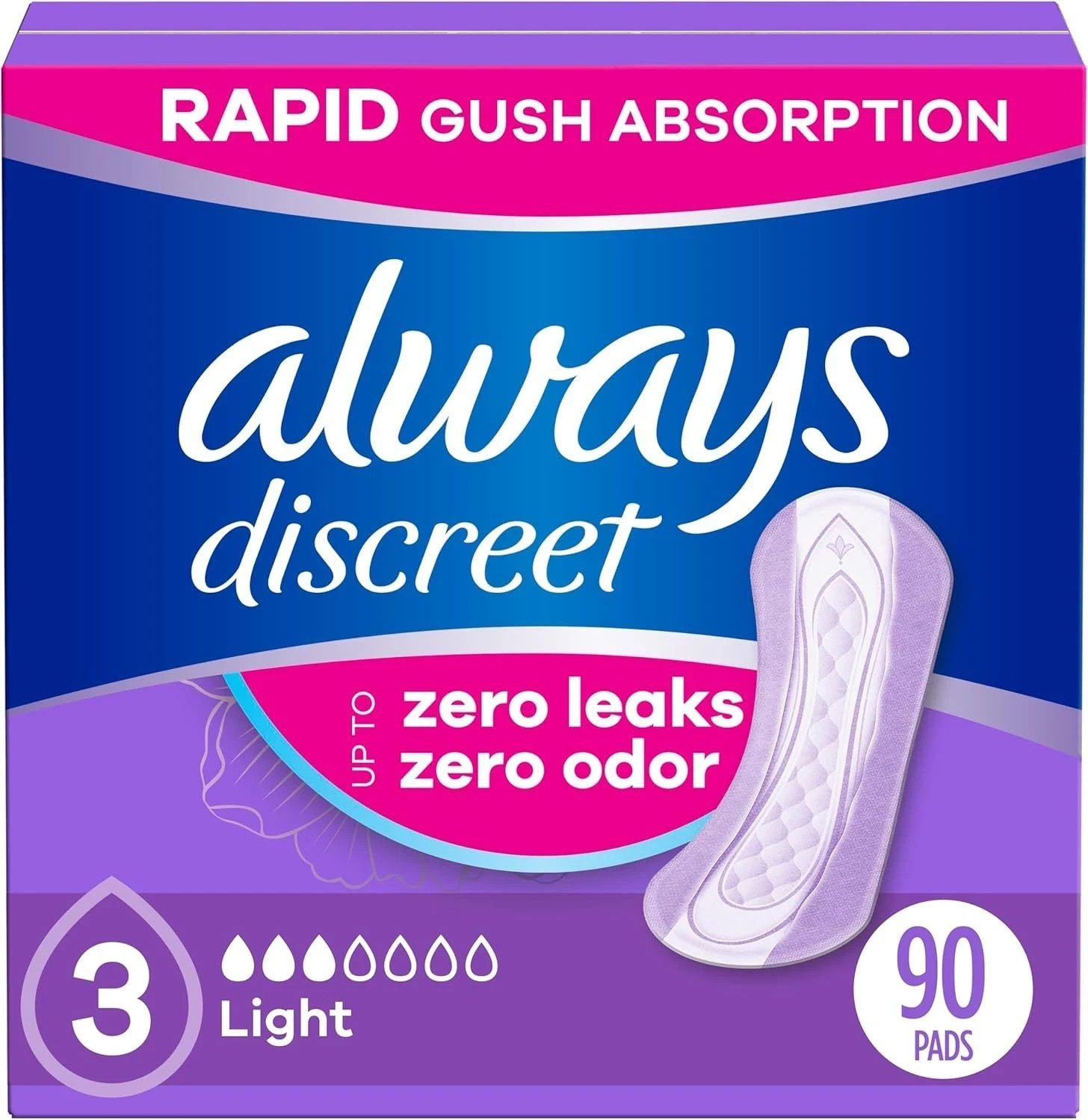Always Discreet Incontinence & Postpartum Pads for Women, 90 ct, Light (30×3) ✅