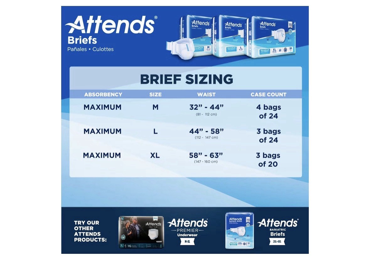 DDA30 Attends Briefs Size L 44”-58” Maximum Absorbency 3 Packs 24ct 72 TOTAL Ct