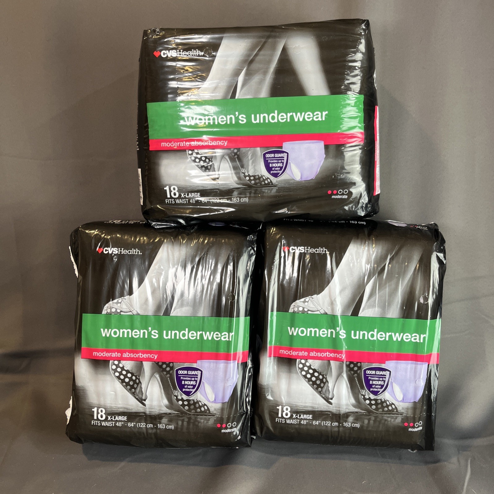 LOT (3) CVS HEALTH MODERATE ABSORBENCY WOMEN’S UNDERWEAR, XL (48″-64″), 18 CT EA
