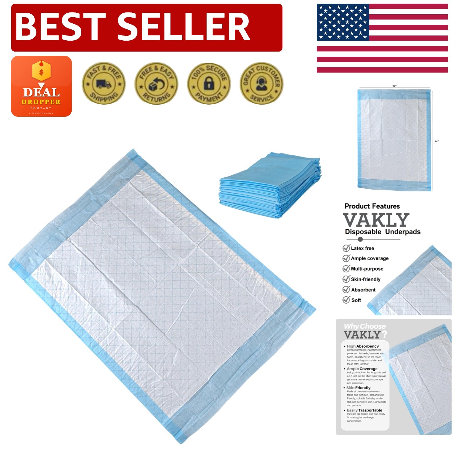 Skin-Friendly Disposable Underpads 17”x24” for Effective Protection (25 ct)