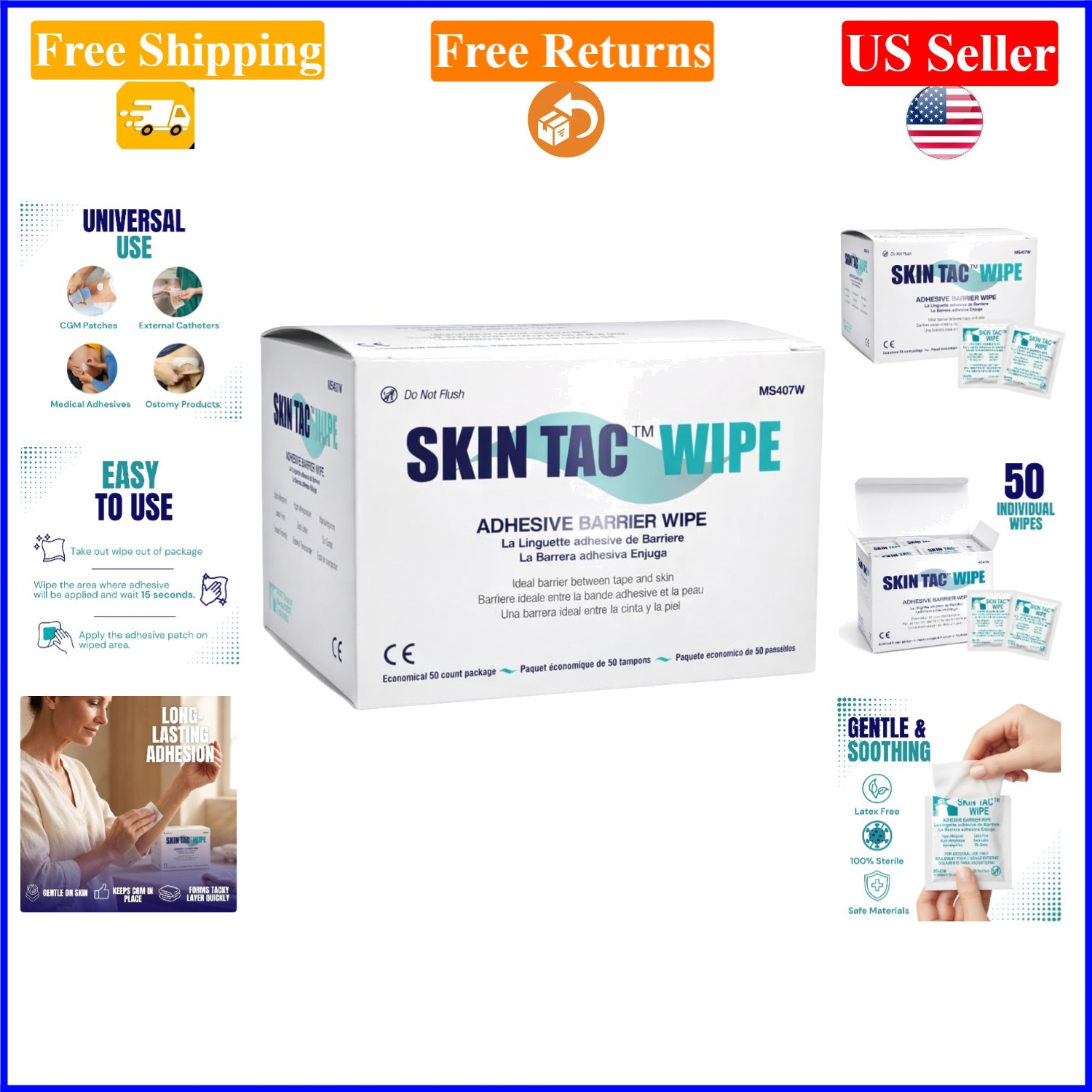 Skin-Tac Adhesive Barrier Wipes 50 Count – Hypoallergenic, Latex-Free, Unscented