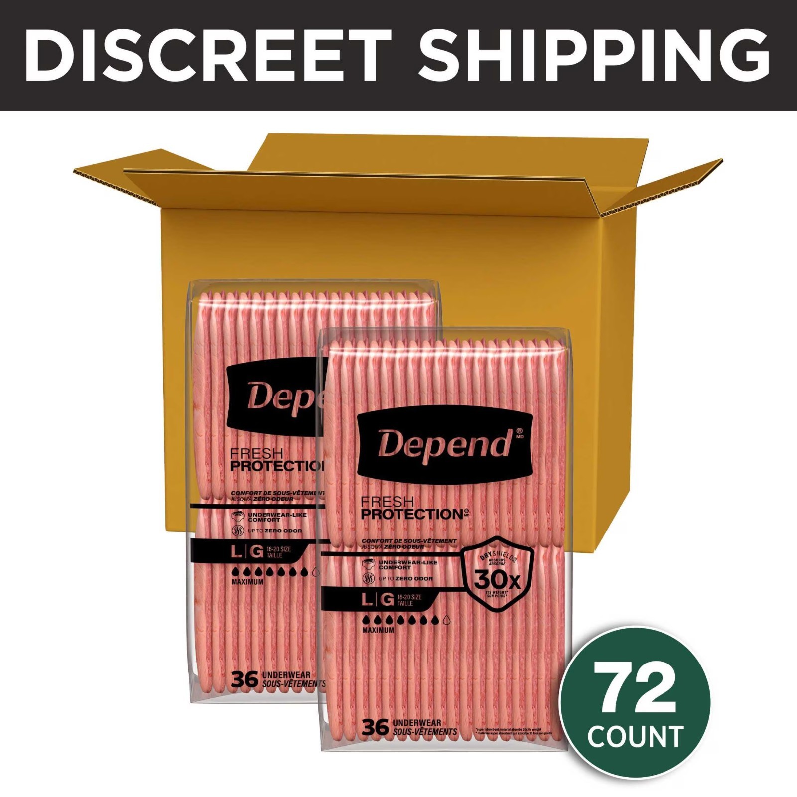 Depend Fresh Protection Women’s Incontinence Underwear, Adult Diapers, L, 72 Ct
