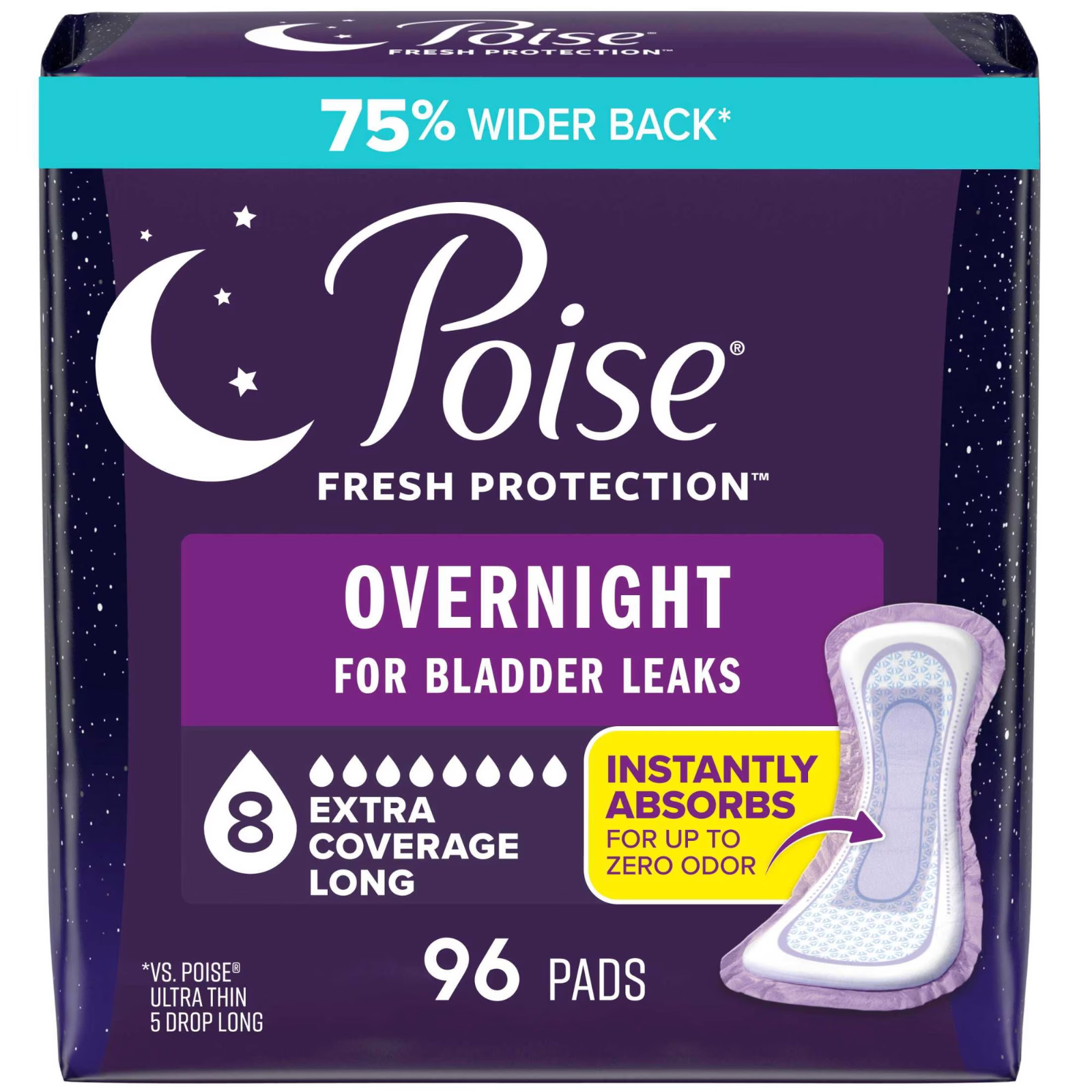Poise Overnight Postpartum Incontinence Pads 8 Drop Extra Coverage 96ct 4 Pack
