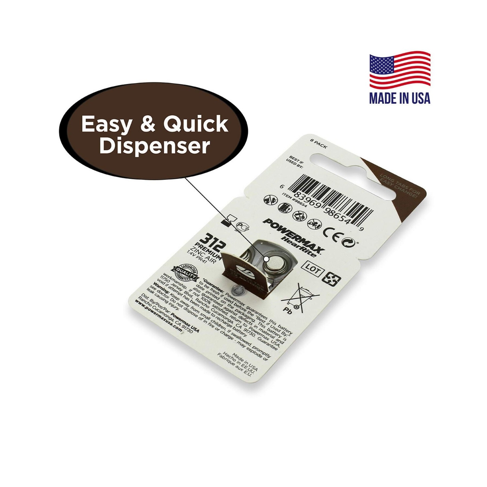 Powermax USA Size 312 Hearing Aid Batteries, Brown Tab, 128 Count